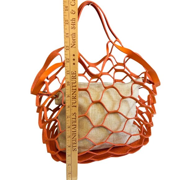 Leather Mesh Beach Picnic Vacation Clutch Handbag Women's Orange Gray Boho - Picture 8 of 11